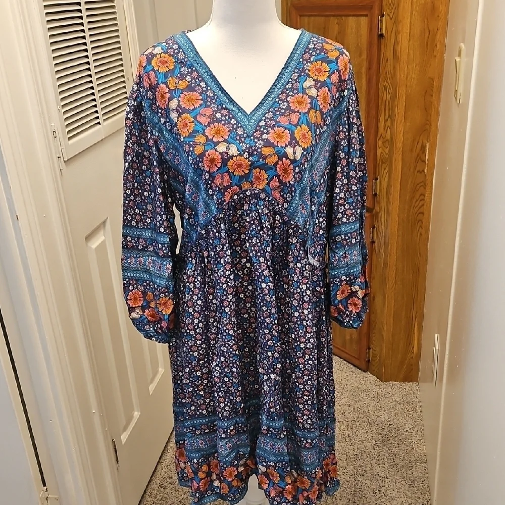 Blue V-Neck Bishop Sleeve Sundress